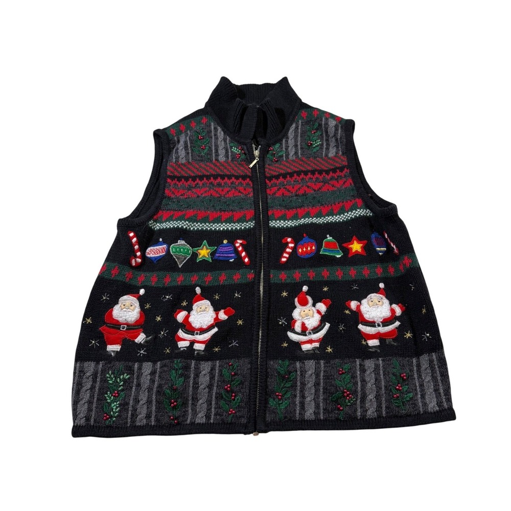 Designers Studio Originals Christmas Sweater Vest M Black Santa Holiday Festive
